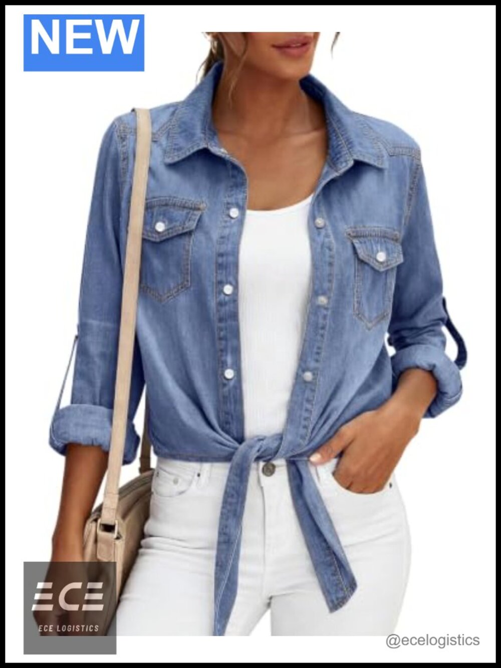 Womens Denim Button Down Shirt Tie Knot Long Sleeve Blouse Crop Top